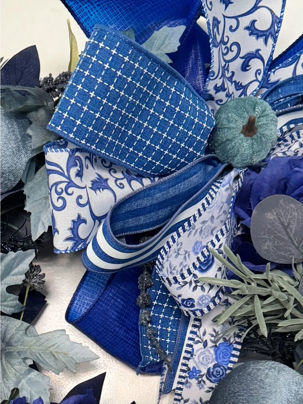 Blue Floral and Velvet Pumpkin Accent Wreath with Ribbon Bow and Amaranthus
